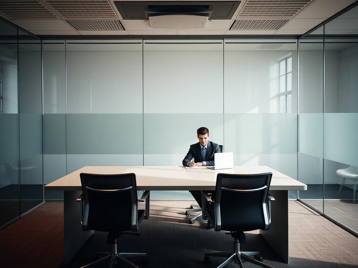 A young adviser working alone at a large table in a quiet office, with empty chairs opposite.