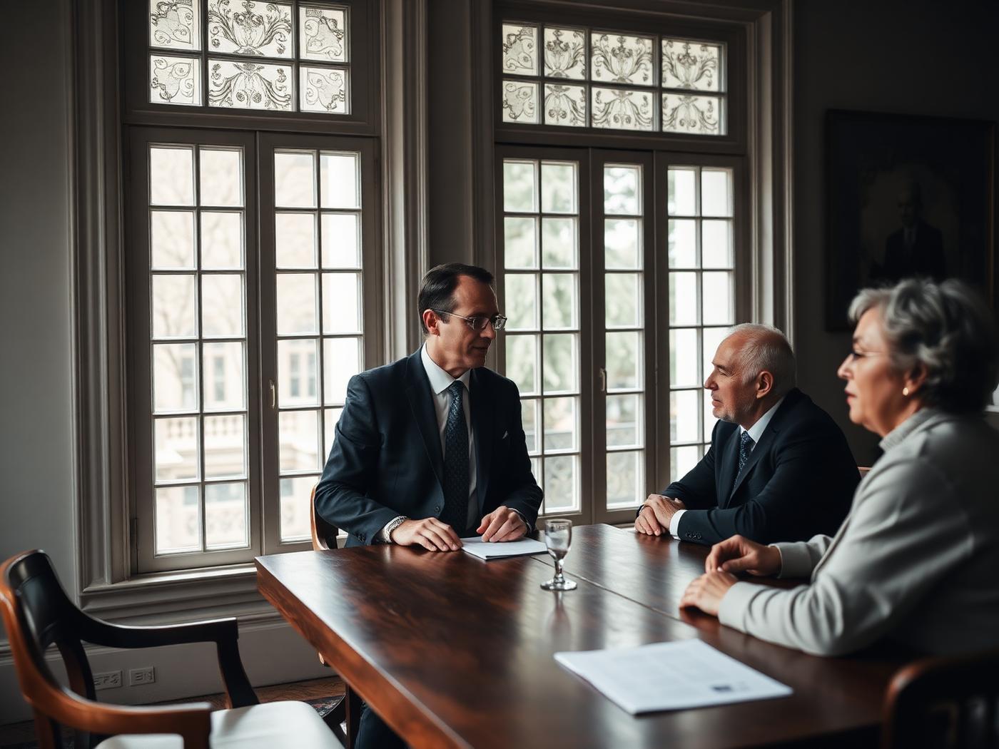 A financial adviser in conversation with an older couple in a sunlit period office.