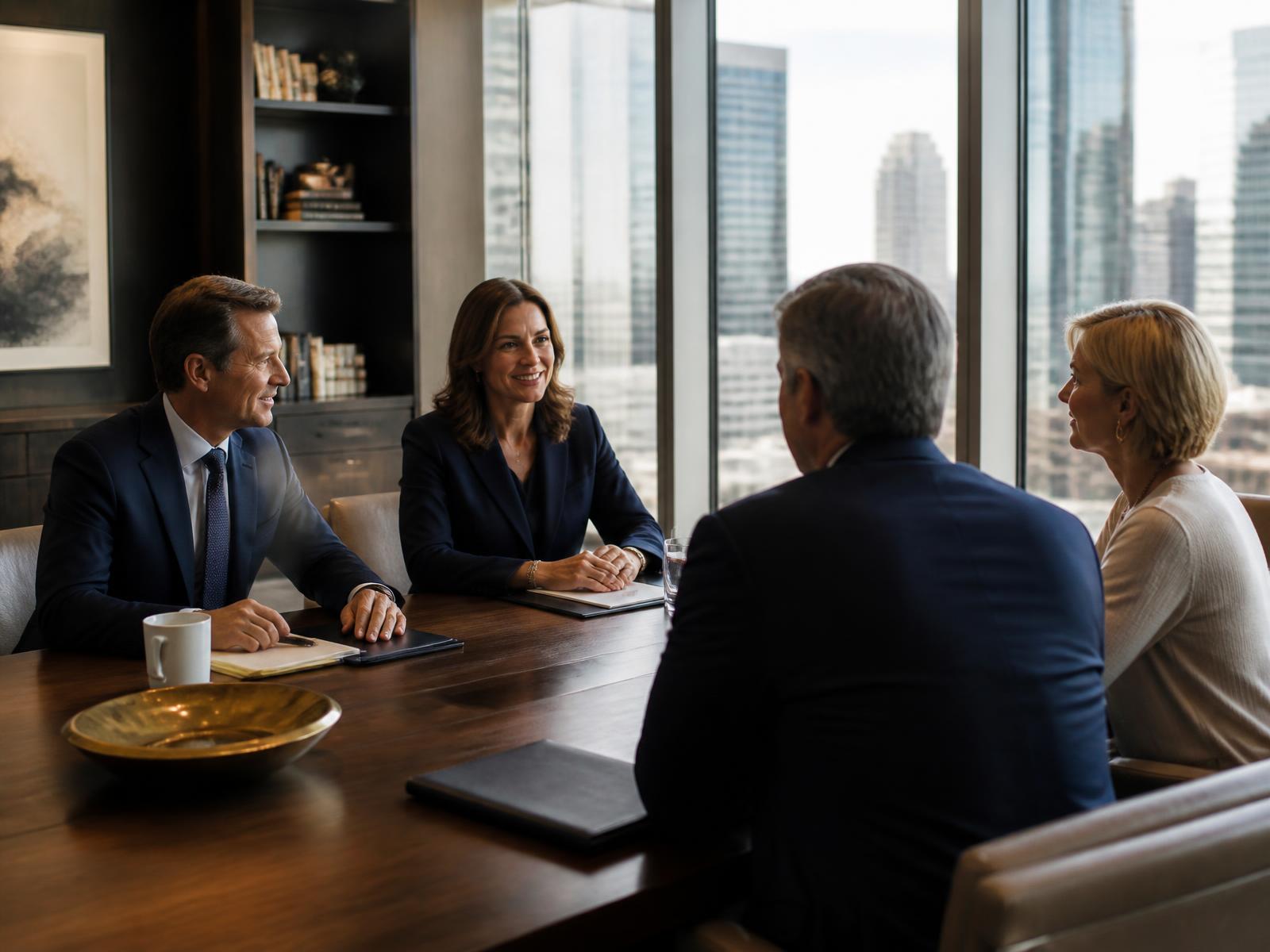 Advisors in conversation with clients across a walnut conference table.